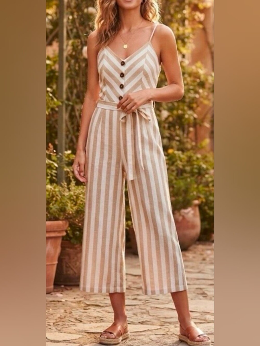 Kensie beige and white striped sleeveless cropped jumpsuit, linen blend, L